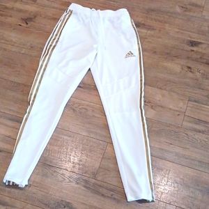 Mens jogger pants, adidas, whote with gold 3 stripe, small.